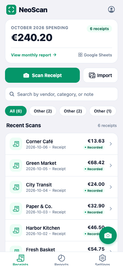NeoScan receipt library showing six sample receipts and a monthly spending total of €240.20