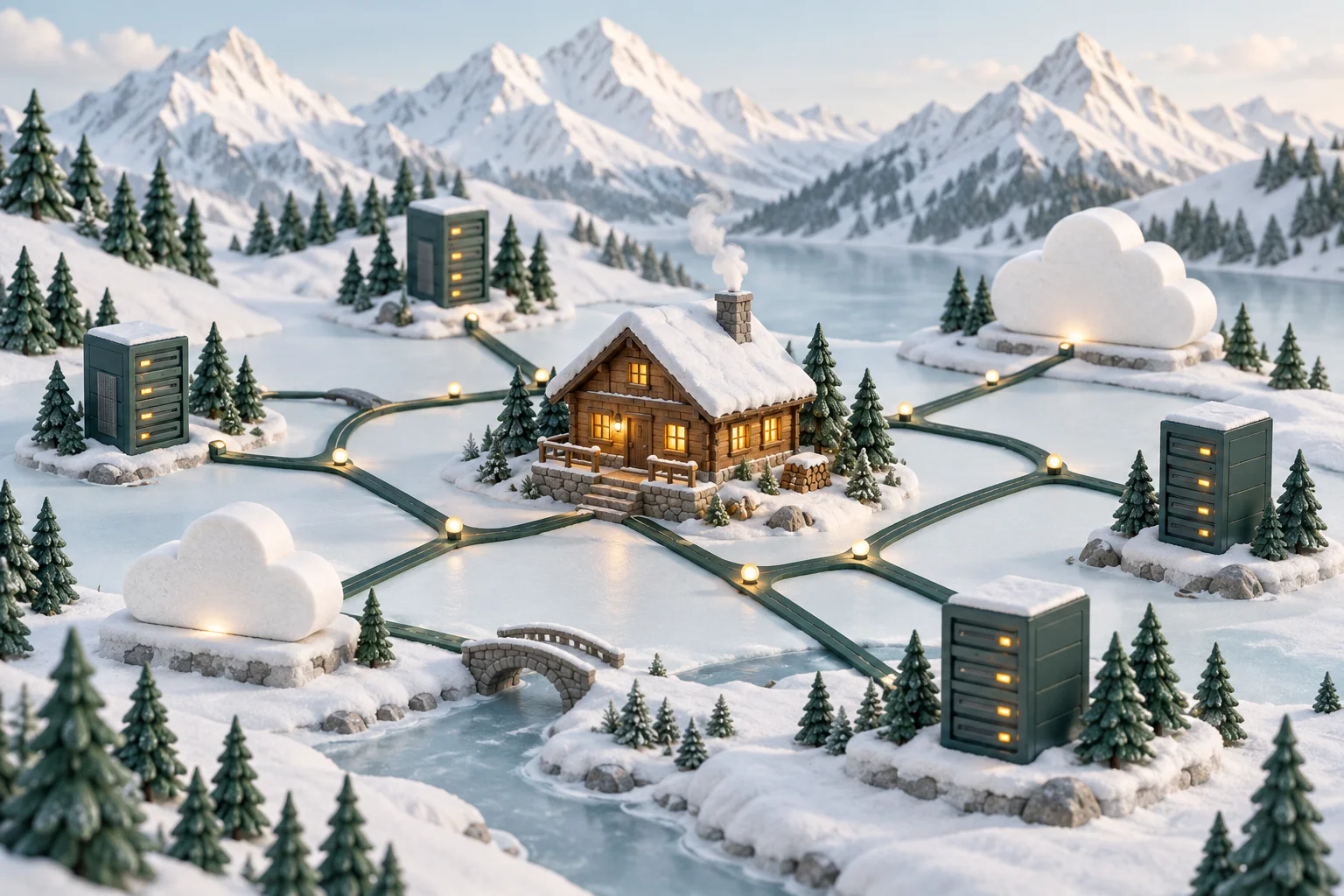 An alpine hut linked by paths to small server structures, illustrating cloud operations and growth